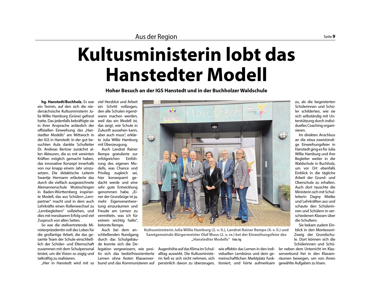 Presse: Kultusministerin lobt Hanstedter Modell